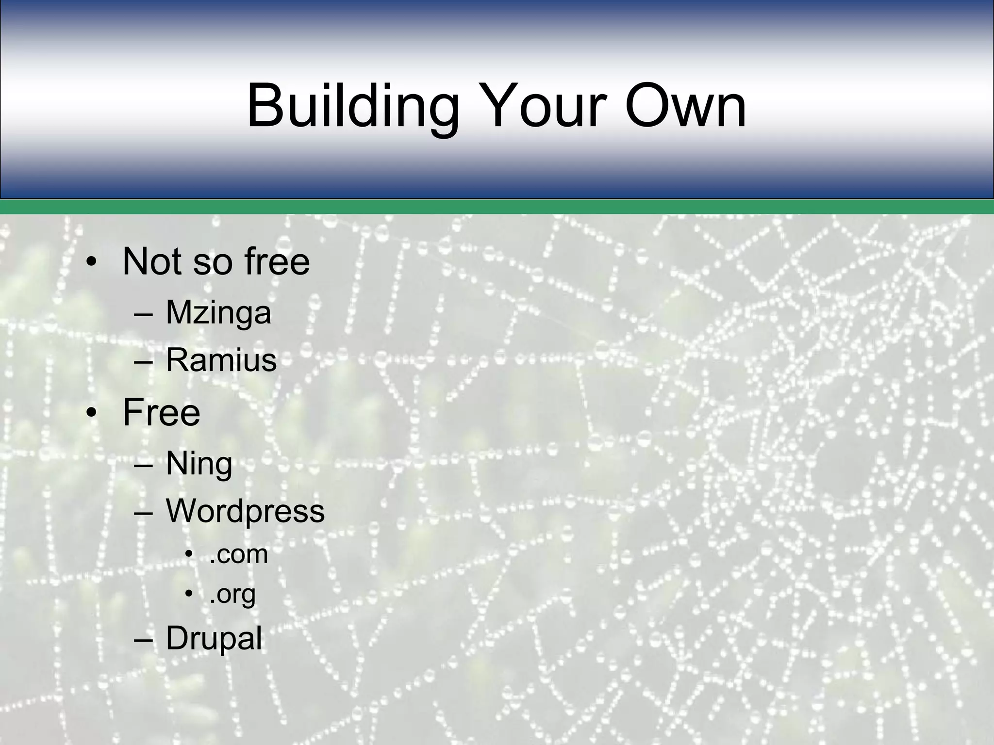 Building Your OwnNot so freeMzingaRamiusFreeNingWordpress.com.orgDrupal