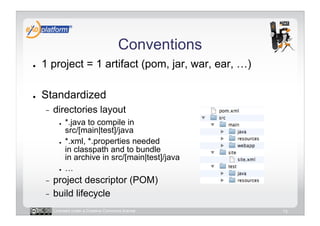 Conventions
●    1 project = 1 artifact (pom, jar, war, ear, …)

●    Standardized
     -    directories layout
            ●    *.java to compile in
                 src/[main|test]/java
            ●    *.xml, *.properties needed
                 in classpath and to bundle
                 in archive in src/[main|test]/java
            ●    …
     -  project descriptor (POM)
     -  build lifecycle

          Licensed under a Creative Commons license     13
 