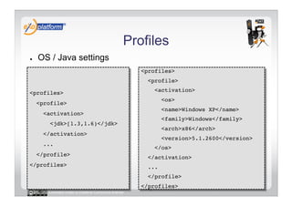 Profiles
●    OS / Java settings
                                                    <profiles>!
                                                      <profile>!

<profiles>!                                             <activation>!
                                                             <os>!
     <profile>!
                                                             <name>Windows XP</name>!
       <activation>!
                                                             <family>Windows</family>!
         <jdk>[1.3,1.6)</jdk>!
                                                             <arch>x86</arch>!
       </activation>!
                                                             <version>5.1.2600</version>!
       ...!
                                                        </os>!
     </profile>!
                                                      </activation>!
</profiles>!                                          ...!
                                                      </profile>!
                                                    </profiles>!
        Licensed under a Creative Commons license
 