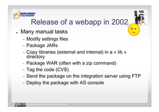 Release of a webapp in 2002
●    Many manual tasks
     -  Modify settings files
     -  Package JARs
     -  Copy libraries (external and internal) in a « lib »
        directory
     -  Package WAR (often with a zip command)
     -  Tag the code (CVS)
     -  Send the package on the integration server using FTP
     -  Deploy the package with AS console




          Licensed under a Creative Commons license
 