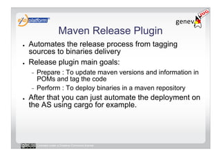 Maven Release Plugin
●    Automates the release process from tagging
     sources to binaries delivery
●    Release plugin main goals:
     -  Prepare : To update maven versions and information in
        POMs and tag the code
     -  Perform : To deploy binaries in a maven repository
●    After that you can just automate the deployment on
     the AS using cargo for example.




          Licensed under a Creative Commons license
 