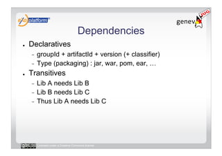 Dependencies
●    Declaratives
     -  groupId + artifactId + version (+ classifier)
     -  Type (packaging) : jar, war, pom, ear, …

●    Transitives
     -  Lib A needs Lib B
     -  Lib B needs Lib C
     -  Thus Lib A needs Lib C




          Licensed under a Creative Commons license
 