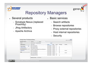 Repository Managers
●    Several products                                 ●    Basic services
     -    Sonatype Nexus (replaced                         -    Search artifacts
          Proximity)                                       -    Browse repositories
     -    Jfrog Artifactory                                -    Proxy external repositories
     -    Apache Archiva                                   -    Host internal repositories
                                                           -    Security




          Licensed under a Creative Commons license
 