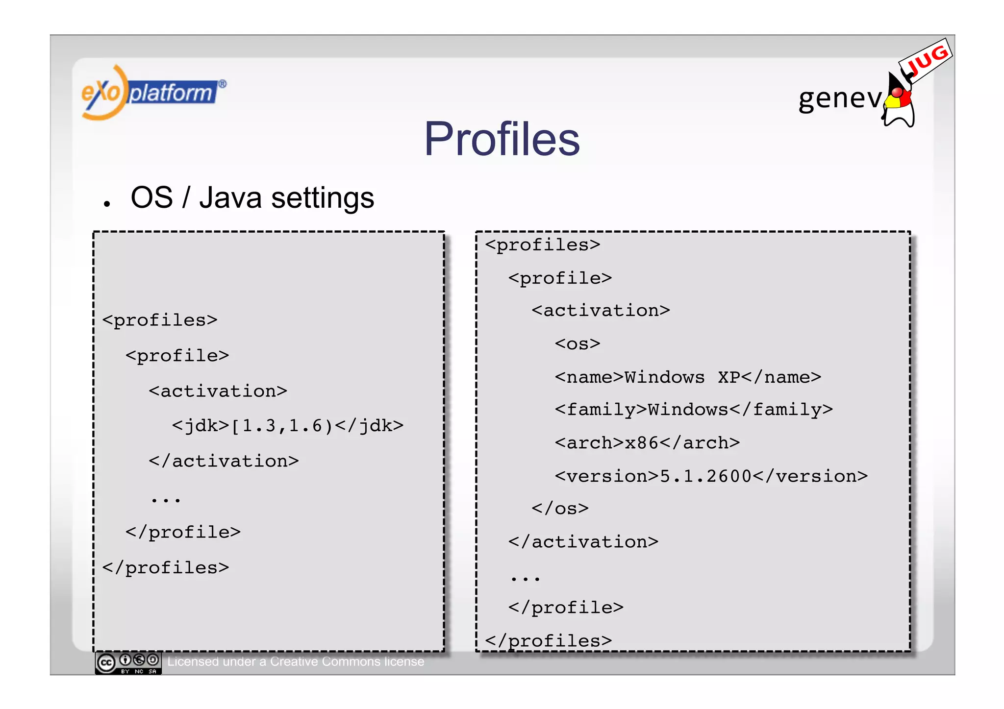 Profiles
●    OS / Java settings
                                                    <profiles>!
                                                      <profile>!

<profiles>!                                             <activation>!
                                                             <os>!
     <profile>!
                                                             <name>Windows XP</name>!
       <activation>!
                                                             <family>Windows</family>!
         <jdk>[1.3,1.6)</jdk>!
                                                             <arch>x86</arch>!
       </activation>!
                                                             <version>5.1.2600</version>!
       ...!
                                                        </os>!
     </profile>!
                                                      </activation>!
</profiles>!                                          ...!
                                                      </profile>!
                                                    </profiles>!
        Licensed under a Creative Commons license
 