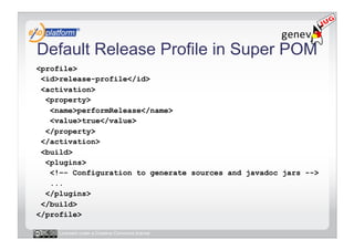 Default Release Profile in Super POM
<profile>
 <id>release-profile</id>
 <activation>
  <property>
   <name>performRelease</name>
   <value>true</value>
  </property>
 </activation>
 <build>
  <plugins>
   <!–- Configuration to generate sources and javadoc jars -->
   ...
  </plugins>
 </build>
</profile>

     Licensed under a Creative Commons license
 