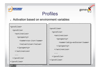 Profiles
●    Activation based on environment variables

<profiles>!
                                                    <profiles>!
     <profile>!
                                                      <profile>!
       <activation>!
                                                        <activation>!
         <property>!
                                                          <property>!
              <name>run-its</name>!
                                                               <name>!skip-enforce</name>!
              <value>true</value>!
                                                          </property>!
         </property>!
                                                        </activation>!
       </activation>!
                                                        ...!
       ...!
                                                      </profile>!
     </profile>!
                                                    </profiles>!
</profiles>!
        Licensed under a Creative Commons license
 