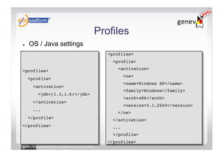 Profiles
●    OS / Java settings
                                                    <profiles>!
                                                      <profile>!

<profiles>!                                             <activation>!
                                                             <os>!
     <profile>!
                                                             <name>Windows XP</name>!
       <activation>!
                                                             <family>Windows</family>!
         <jdk>[1.3,1.6)</jdk>!
                                                             <arch>x86</arch>!
       </activation>!
                                                             <version>5.1.2600</version>!
       ...!
                                                        </os>!
     </profile>!
                                                      </activation>!
</profiles>!                                          ...!
                                                      </profile>!
                                                    </profiles>!
        Licensed under a Creative Commons license
 