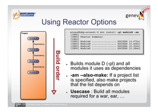 Using Reactor Options
                                        -    arnaud@mbp-arnaud:~$ mvn install –pl moduleD -am 
                                             [INFO] ------------------------------------------ 
                                             [INFO] Reactor Summary: 
                                             [INFO] 
                                             [INFO] ModuleA ................. SUCCESS [4.075s] 
                                             [INFO] ModuleB ................. SUCCESS [0.468s] 
                                             [INFO] ModuleC ................. SUCCESS [0.354s] 
                                             [INFO] ModuleD ................. SUCCESS [0.384s] 




                                        ●    Builds module D (-pl) and all
                                             modules it uses as dependencies
                                        ●    -am --also-make: If a project list
                                             is specified, also make projects
                                             that the list depends on
                                        ●    Usecase : Build all modules
                                             required for a war, ear, …
Licensed under a Creative Commons license
 