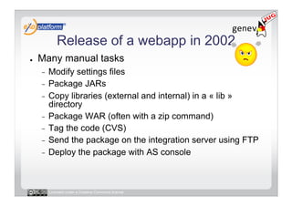Release of a webapp in 2002
●    Many manual tasks
     -  Modify settings files
     -  Package JARs
     -  Copy libraries (external and internal) in a « lib »
        directory
     -  Package WAR (often with a zip command)
     -  Tag the code (CVS)
     -  Send the package on the integration server using FTP
     -  Deploy the package with AS console




          Licensed under a Creative Commons license
 