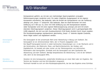 A/D-Wandler

               Komparatoren geführt, wo mit den von mehrstufigen Spannungsteilern erzeugten
               Referenzspannungen verglichen wird. Für jeden möglichen Ausgangswert ist ein eigener
               Komparator erforderlich, das bedeutet, dass die Anzahl der Komparatoren von der Auflösung
               abhängt und „2expn -1“ entspricht. Das bedeutet, dass ein Flash-Konverter mit einer
               Auflösung von 4 Bit aus 15, einer mit 8 Bit Auflösung aus 255 Komparatoren besteht.
               Jeder Komparator wird mit einer eigenen Referenzspannung versorgt und wird mit einem
               diskreten Übertragungswert verglichen. Dieser Übertragungswert wird in geringwertigste Bits
               (LSB) abgestuft, die sich aus dem Aussteuerbereich (Full Scale) dividiert durch 2expn ergeben.
               Die Komparatorausgänge repräsentieren gleichzeitig „2expn -1“ diskrete digitale Zustände,
               deren Pegel codiert und digitalisiert werden.


Genauigkeit    Die Genauigkeit ist der prozentuale Wert einer Abweichung in Bezug zum Sollwert. Die
accuracy       Genauigkeit ist ein dimensionsloser Wert, der in Prozent angegeben wird.
               Der Begriff Genauigkeit kommt in vielen technischen Anwendungen vor; in der Mechanik und in
               der Konstruktion, der Elektronik, Mess- und Nachrichtentechnik, der Analog- und
               Digitaltechnik. Es handelt sich aber immer um die Toleranzgrenzen von technischen
               Parametern oder Kenngrößen. Ermittelt wird die Genauigkeit aus dem Quotienten der
               Abweichung und dem Sollwert. Beträgt beispielsweise die Abweichung 1 und ist der Sollwert
               100, dann ist die Genauigkeit 99%.


Iteration      Iteration ist eine konsequente, wiederholte Annäherung an einen Wert oder ein Ergebnis. Die
Wiederholung   Technik der Iteration wird bei D/A-Wandlern eingesetzt.
               Technisch handelt es sich um eine Rückkopplungstechnik, bei der das Ergebnis eines Schrittes


                                                                                                                15
 
