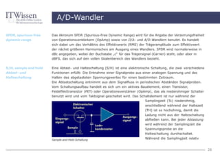 A/D-Wandler

SFDR, spurious-free    Das Akronym SFDR (Spurious-Free Dynamic Range) wird für die Angabe der Verzerrungsfreiheit
dynamic range          von Operationsverstärkern (OpAmp) sowie von D/A- und A/D-Wandlern benutzt. Es handelt
                       sich dabei um das Verhältnis des Effektivwerts (RMS) der Trägeramplitude zum Effektivwert
                       der nächst größeren Harmonischen am Ausgang eines Wandlers. SFDR wird normalerweise in
                       dBc angegeben, wobei der Buchstabe „c“ für das Trägersignal (Carrier) steht, oder aber in
                       dBFS, das sich auf den vollen Skalenbereich des Wandlers bezieht.


S/H, sample and hold   Eine Abtast- und Halteschaltung (S/H) ist eine elektronische Schaltung, die zwei verschiedene
Abtast- und            Funktionen erfüllt: Die Entnahme einer Signalprobe aus einer analogen Spannung und das
Halteschaltung         Halten des abgetasteten Spannungswertes für einen bestimmten Zeitraum.
                       Die Abtastschaltung entnimmt aus dem Signalfluss in periodischen Abständen Signalproben.
                       Vom Schaltungsaufbau handelt es sich um ein aktives Bauelement, einen Transistor,
                       Feldeffekttransistor (FET) oder Operationsverstärker (OpAmp), das als niederohmiger Schalter
                       benutzt wird und vom Taktsignal geschaltet wird. Das Schaltelement ist nur während der
                                                                               Samplingzeit (Ts) niederohmig,
                                                                               anschließend während der Haltezeit
                                                                               (TH) ist es hochohmig, damit die
                                                                               Ladung nicht aus der Halteschaltung
                                                                               abfließen kann. Bei jeder Abtastung
                                                                               wird während der Samplingzeit die
                                                                               Spannungsprobe an die
                                                                               Halteschaltung durchschaltet.
                       Sample-and-Hold-Schaltung
                                                                               Während die Samplingzeit relativ


                                                                                                                       28
 