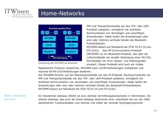 Home-Networks

                                                          PPP und Transportprotokolle wie das TCP- oder UDP-
                                                          Protokoll aufsetzen, ermöglicht die drahtlose
                                                          Kommunikation von derzeitigen und zukünftigen
                                                          Anwendungen. Dabei laufen die Anwendungen über
                                                          eine oder mehrere vertikale Kanäle des Bluetooth-
                                                          Protokollstacks.
                                                          RFCOMM basiert auf Standards der ETSI TS 07.10 und
                                                          ITU Q.931. Das RF-Communication-Protokoll
                                                          (RFCOMM) ist ein Bluetooth-Protokoll, das über die
                                                          Luftschnittstelle die serielle Verbindung einer RS-232-
                                                          Schnittstelle mit ihren Steuer- und Datensignalen
                   Verbindung über RFCOMM von Bluetooth
                                                          emuliert. Dieses Protokoll wird auch als »Cable
                   Replacement Protocol« bezeichnet. RFCOMM kann L2CAP-Verbindungen multiplexen und
                   maximal 60 RS-232-Verbindungen bedienen.
                   Die RFCOMM-Schicht, auf der Netzwerkprotokolle wie das IP-Protokoll, Routing-Protokolle wie
                   PPP und Transportprotokolle wie das TCP- oder UDP-Protokoll aufsetzen, ermöglicht die
                   drahtlose Kommunikation von derzeitigen und zukünftigen Anwendungen. Dabei laufen die
                   Anwendungen über eine oder mehrere vertikale Kanäle des Bluetooth-Protokollstacks.
                   RFCOMM basiert auf Standards der ETSI TS 07.10 und ITU Q.931.

RGW, residential   Ein Residential Gateway (RGW) ist eine zentrale Vermittlungskomponente in Heimnetzen. Ein
gateway            solches Gateway, das auch als Home-Gateway bezeichnet wird, unterstützt die von der OSGi
                   spezifizierten Funktionalitäten und Dienste und bildet die zentrale Routingkomponente


                                                                                                                    38
 