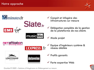 Notre approche



                                                         Conçoit et infogère des
                                                          infrastructures sur mesure

                                                         Délégation complète de la gestion
                                                          de la plateforme de nos clients

                                                         Mode projet

                                                         Equipe d’ingénieurs système &
                                                          réseau dédiée

                                                         Profils garantis

                                                         Forte expertise Web
                                                                                              3
 Oxalide © 2009 – Solutions d’infogérance et d’hébergement sur mesure
 