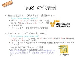 IaaS の代表例 Amazon EC2/S3 　（パブリック：商用サービス） http://aws.amazon.com/ec2/ EC2 は &ldquo; E lastic  C ompute  C loud&rdquo;  の略 S3 は &ldquo; S imple  S torage  S ervice&rdquo;  の略 従量課金制 クレジットカード 1 枚ですぐに利用可能 Eucalyptus 　（プライベート： OSS ） http:// open.eucalyptus.com / &ldquo; E lastic  U tility  C omputing  A rchitecture  L inking  Y our  P rograms  T o  U seful  S ystems&rdquo;  の略 カリフォルニア大学サンタバーバラ校で開発されたオープンソースプロダクト Amazon EC2/S3 クラウドと API 互換 Walrus(S3 相当）の 可用性は未実装 Amazon で提供されているマシンイメージの種類が多いが Eucalyptus では自らイメージを作成しなければならない。 2)  紹介編 