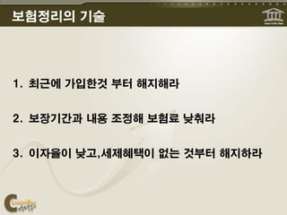 보험정리의 기술




1. 최근에 가입한것 부터 해지해라


2. 보장기간과 내용 조정해 보험료 낮춰라


3. 이자율이 낮고,세제혜택이 없는 것부터 해지하라
 