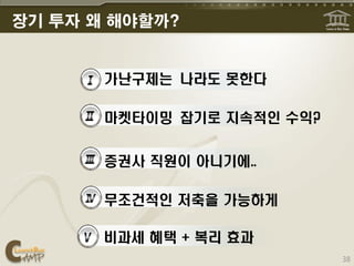 장기 투자 왜 해야할까?


       가난구제는 나라도 못한다

       마켓타이밍 잡기로 지속적인 수
       익?
       증권사 직원이 아니기에..

       무조건적인 저축을 가능하게

       비과세 혜택 + 복리 효과
                          38
 