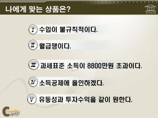 나에게 맞는 상품은?

     수입이 불규칙적이다.

     월급쟁이다.


     과세표준 소득이 8800만원 초과이다.

     소득공제에 올인하겠다.

     유동성과 투자수익을 같이 원한다.
 