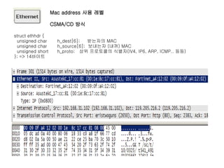 Mac address 사용 레벨

                  CSMA/CD 방식

struct ethhdr {
 unsigned char      h_dest[6];   받는자의 MAC
 unsigned char      h_source[6]; 보내는자 (내꺼) MAC
 unsigned short     h_proto; 상위 프로토콜의 식별자(IV4, IP6, ARP, ICMP.. 등등)
}; => 14바이트
 