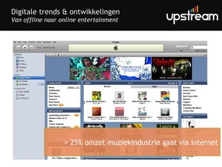 Digitale trends & ontwikkelingen Van offline naar online entertainment > 25% omzet muziekindustrie gaat via internet 