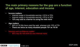 The main primary reasons for the gap are a function of age, interest, education and income <ul><li>Income matters.  </li><...