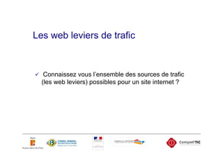 Les web leviers de trafic



   Connaissez vous l’ensemble des sources de trafic
  (les web leviers) possibles pour un site internet ?
 