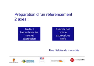 Préparation d ’un référencement
2 axes :

       Traiter /           Trouver des
   hiérarchiser les          mots et
       mots et             expressions
     expression               clefs



                      Une histoire de mots clés
 
