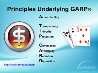 Principles Underlying GARP ® http://www.arma.org/garp   A ccountability T ransparency I ntegrity P rotection C ompliance A vailability R etention D isposition 