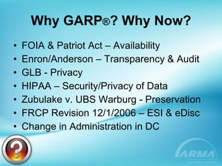 Why GARP ® ? Why Now? FOIA & Patriot Act – Availability  Enron/Anderson – Transparency & Audit GLB - Privacy HIPAA – Security/Privacy of Data Zubulake v. UBS Warburg - Preservation FRCP Revision 12/1/2006 – ESI & eDisc Change in Administration in DC 