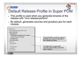 Default Release Profile in Super POM
●    This profile is used when you generate binaries of the
     release with “mvn release:perform”
●    By default, generates sources and javadocs jars for each
     module.
<profile>!
 <id>release-profile</id>!
 <activation>!
  <property>!
   <name>performRelease</name>!
   <value>true</value>!                            This activation could be used in
  </property>!                                     profiles you want to activate in
 </activation>!                                    the release process
 <build>!
  <plugins>!
  ...!
  </plugins>!                                      Configuration to generate
 </build>!                                         sources and javadoc jars with
</profile>!                                        basic setting

       Licensed under a Creative Commons license
 