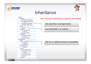 Inheritance
                                            Use a technical inheritance to organize sub-modules

                                                 Use assembly to package batchs


                                                 Insert README in all artifacts




                                                 Use clirr to validate backward compatibility




Licensed under a Creative Commons license
 