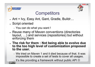 Competitors
●    Ant + Ivy, Easy Ant, Gant, Gradle, Buildr…
●    Script oriented
     -    You can do what you want !
●    Reuse many of Maven conventions (directories
     layout, …) and services (repositories) but without
     enforcing them
●    The risk for them : Not being able to evolve due
     to the too high level of customization proposed
     to the user.
     -  We tried on Maven 1 and it died because of that. It was
        impossible to create a set of tests to cover all usages.
     -  It’s like providing a framework without public API 
          Licensed under a Creative Commons license
 