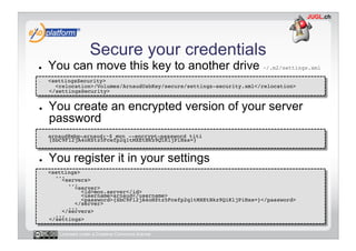 Secure your credentials
●    You can move this key to another drive ~/.m2/settings.xml
-    <settingsSecurity> 
       <relocation>/Volumes/ArnaudUsbKey/secure/settings-security.xml</relocation> 
     </settingsSecurity>!


●    You create an encrypted version of your server
     password
-    arnaud@mbp-arnaud:~$ mvn --encrypt-password titi
     {SbC9Fl2jA4oHZtz5Fcefp2q1tMXEtBkz9QiKljPiHss=}!


●    You register it in your settings
-    <settings> 
       ... 
         <servers> 
            ... 
              <server> 
                 <id>mon.server</id> 
                 <username>arnaud</username> 
                 <password>{SbC9Fl2jA4oHZtz5Fcefp2q1tMXEtBkz9QiKljPiHss=}</password> 
              </server> 
            ... 
         </servers> 
       ... 
     </settings>!

        Licensed under a Creative Commons license
 