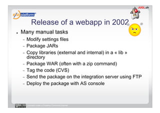 Release of a webapp in 2002
●    Many manual tasks
     -  Modify settings files
     -  Package JARs
     -  Copy libraries (external and internal) in a « lib »
        directory
     -  Package WAR (often with a zip command)
     -  Tag the code (CVS)
     -  Send the package on the integration server using FTP
     -  Deploy the package with AS console




          Licensed under a Creative Commons license
 