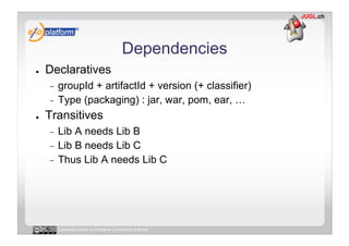 Dependencies
●    Declaratives
     -  groupId + artifactId + version (+ classifier)
     -  Type (packaging) : jar, war, ...