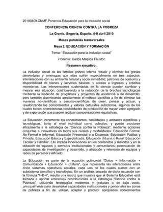 20100409.CARLOS MALPICA FAUSTOR PONENCIA EDUCACION PARA LA INCLUSION SOCIAL EN CONFERENCIA CIENCIA CONTRA LA POBREZA