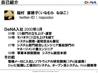 自己紹介

      稲村 直穂子（いなむら なほこ）
       twitter-ID ： napooko


ＤｅＮＡ入社 2000年3月
 00年 CS部門の立ち上げヷ運営
 04年 モバオクCS立ち上げを経て
     システム開発ヷ運用担当も兼任
 07年 システム部門統合しエンジニア集結部門の
     マネヸジメント兼エンジニア
 09年 事業本部制開始 システム統括本部
その前
 電機メヸカに入社しソフトウェアの研究開発（ΣＰｒｊ全盛期）
 SIerに転職し工場向けシステム、オヸプン系システム、Web開発等
            Copyright(c) 2010 DeNA Co.,Ltd.All rights reserved.   2
 