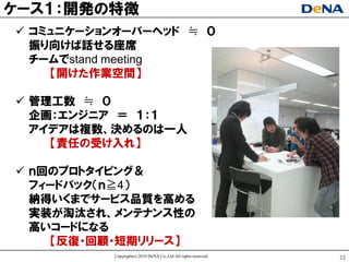 ケヸス１：開発の特徴
 コミュニケヸションオヸバヸヘッド ≒ ０
  振り向けば話せる座席
  チヸムでstand meeting
    【開けた作業空間】

 管理工数 ≒ ０
  企画：エンジニア ＝ １：１
  アイデアは複数、決めるのは一人
    【責任の受け入れ】

 ｎ回のプロトタイピング＆
  フィヸドバック（ｎ≧4）
  納得いくまでサヸビス品質を高める
  实装が淘汰され、メンテナンス性の
  高いコヸドになる
     【反復ヷ回顧ヷ短期リリヸス】
          Copyright(c) 2010 DeNA Co.,Ltd.All rights reserved.   22
 