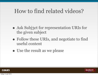 How to find related videos?

                          • Ask Subj3ct for representation URIs for
                            the given subject
                          • Follow these URIs, and negotiate to find
                            useful content
                          • Use the result as we please

  W E B V E V E R I E T


fredag 16. april 2010
 