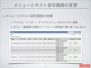 メニューとホスト設定画面の変更

• メニューとホスト設定画面の改善

  ✓   アイテム、トリガー、グラフのメニューがホスト内へ移動
  ✓   ホスト一覧画面の改善 (テンプレート使用時に横に長くならない)




                   27
 