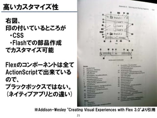 高いカスタマイズ性
右図、
印の付いているところが
 ・CSS
 ・Flashでの部品作成
でカスタマイズ可能

Flexのコンポーネントは全て
ActionScriptで出来ている
ので、
ブラックボックスではない。
(ネイティブアプリとの違い)

       ※Addison-Wesley "Creating Visual Experiences with Flex 3.0"より引用
                             21
 