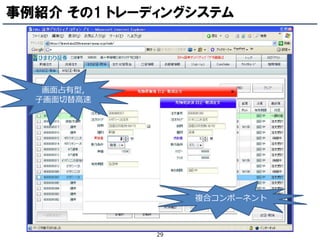 事例紹介 その1 トレーディングシステム




   画面占有型,
  子画面切替高速




                  複合コンポーネント



             29
 