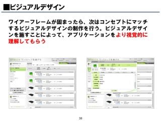 ■ビジュアルデザイン
ワイアーフレームが固まったら、次はコンセプトにマッチ
するビジュアルデザインの制作を行う。ビジュアルデザイ
ンを施すことによって、アプリケーションをより視覚的に
理解してもらう




             38
 