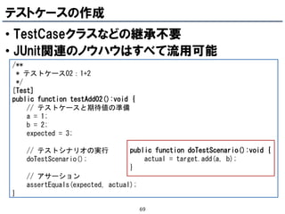 テストケースの作成
• TestCaseクラスなどの継承丌要
• JUnit関連のノウハウはすべて流用可能
/**
 * テストケース02：1+2
 */
[Test]
public function testAdd02():void {
    // テストケースと期待値の準備
    a = 1;
    b = 2;
    expected = 3;

    // テストシナリオの実行                public function doTestScenario():void {
    doTestScenario();                actual = target.add(a, b);
                                 }
    // アサーション
    assertEquals(expected, actual);
}

                                      69
 