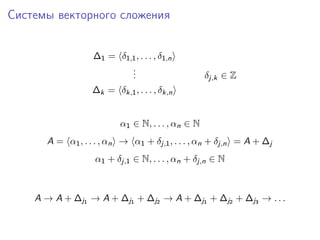 Системы векторного сложения


                  ∆1 = δ1,1 , . . . , δ1,n
                          .
                          .
                          .                        δj,k ∈ Z
                  ∆k = δk,1 , . . . , δk,n


                          α1 ∈ N, . . . , αn ∈ N
      A = α1 , . . . , αn → α1 + δj,1 , . . . , αn + δj,n = A + ∆j
                  α1 + δj,1 ∈ N, . . . , αn + δj,n ∈ N



    A → A + ∆j1 → A + ∆j1 + ∆j2 → A + ∆j1 + ∆j2 + ∆j3 → . . .
 