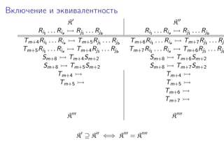 Включение и эквивалентность
                      K                                        K
         Ri1 . . . Ria   Rj1 . . . Rjb             Ri1 . . . Ria   Rj1 . . . Rjb
    Tm+4 Ri1 . . . Ria   Tm+5 Rj1 . . . Rjb   Tm+6 Ri1 . . . Ria   Tm+7 Rj1 . . . Rjb
    Tm+5 Ri1 . . . Ria   Tm+4 Rj1 . . . Rjb   Tm+7 Ri1 . . . Ria   Tm+6 Rj1 . . . Rjb
          Sm+8         Tm+4 Sm+2                     Sm+8        Tm+6 Sm+2
           Sm+8        Tm+5 Sm+2                     Sm+8        Tm+7 Sm+2
                   Tm+4                                       Tm+4
                    Tm+5                                      Tm+5
                                                             Tm+6
                                                             Tm+7

                      K                                        K

                          K ⊇K      ⇐⇒ K = K
 