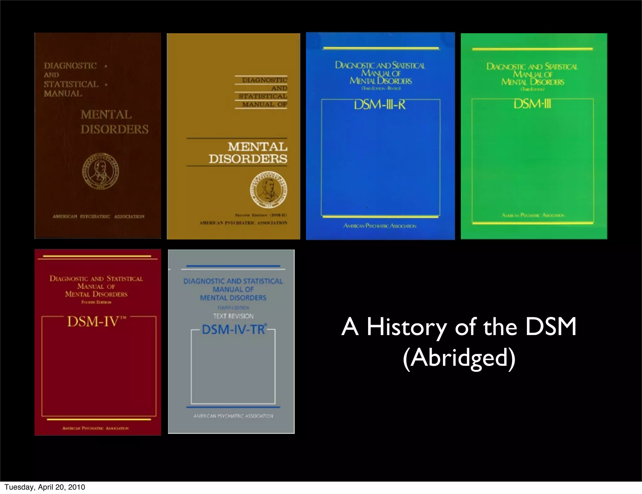 A History of the DSM
                               (Abridged)



Tuesday, April 20, 2010
 