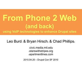 From Phone 2 Web
                (and back)
using VoIP technologies to enhance Drupal sites


  Leo Burd & Bryan Hirsch & Chad Phillips
           1                        2            3



                   1civic.media.mit.edu
                   2starswithstripes.org

                   3apartmentlines.com


               2010.04.20 – Drupal Con SF 2010
 