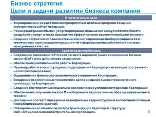 Бизнес стратегия
Цели и задачи развития бизнеса компании
● Формирование и осуществлениеприоритетных целевых программ создания
конкурентоспособной продукции.
● Расширениерынка сбыта и услуг Корпорации,повышение конкурентоспособности
продукции и услуг,а также повышение эффективности маркетинговой деятельности.
● Создание эффективноговысокотехнологичногопроизводстваКорпорации на базе
техническогопереоснащения предприятий и формирования действенной системы
менеджмента качества.
● Сохранение завоеванного Россией сегмента мирового рынкаавиационной техники
марки «МиГ» и его дальнейшее расширение;
● Обеспечение рентабельности работыКорпорации;
● Перевод работывсех структурных подразделенийКорпорациина методы программно-
целевогопланирования;
● Оздоровление финансово-экономического положения Корпорации;
● Внедрение перспективных технологий в целях создания высокотехнологичного
производства Корпорации;
● Создание благоприятных социально-экономическихусловий сотрудникамКорпорации;
● Обеспечение получения заказовМинобороныпо перспективным образцамавиационной
техники;
● Достижениесоответствия уровня квалификации кадровтрудовыхколлективов стоящим
перед Корпорацией задачам;
● Планированиевозможности реструктуризациидля переходав структуру
ОАО «Объединенная авиастроительная корпорация». 6
Стратегические цели
Задачи развития бизнеса
 