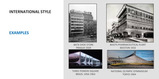  INTERNATIONAL	
  STYLE	
  
	
  
	
  
	
  
	
  EXAMPLES	
  
	
  

                                  BATA	
  SHOE	
  STORE	
        BOOTS	
  PHARMACEUTICAL	
  PLANT	
  
                                    PRAGUE	
  1929	
                       BEESTON	
  1932	
  




                                 THREE	
  POWERS	
  SQUARE	
     NATIONAL	
  OLYMPIC	
  GYMNASIUM	
  
                                   BRAZIL	
  1956-­‐1963	
                 TOKYO	
  1964	
  
 