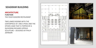  SEAGRAM	
  BUILDING	
  
	
  	
  
ARCHITECTURE	
  
FUNCTION	
  
THE	
  FOUR	
  SEASONS	
  RESTAURANT	
  
	
  
TWO	
  LINKED	
  ROOMS	
  WITH	
  THE	
  
CENTERPIECE	
  OF:	
  ONE	
  A	
  POOL	
  AND	
  THE	
  
OTHER	
  A	
  BAR	
  THAT	
  IS	
  TOPPED	
  BY	
  A	
  
QUIVERING	
  RICHARD	
  LIPPOLD	
  
SCULPTURE	
  –	
  DESIGNED	
  BY	
  PHILIP	
  
JOHNSON	
  
 
